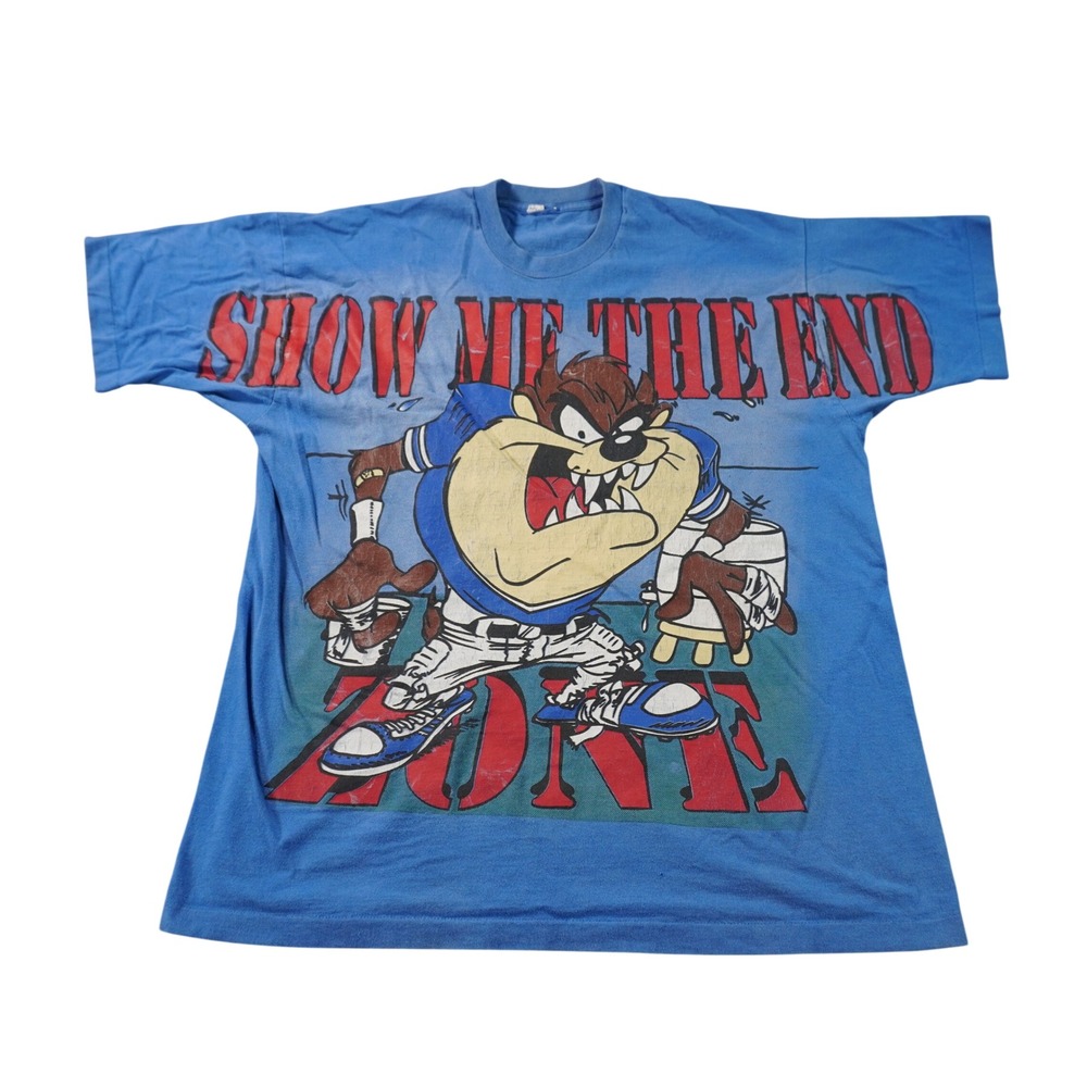 Vintage Looney Tunes Taz T-Shirt Mens XL Blue 90s Football Show Me The End Zone